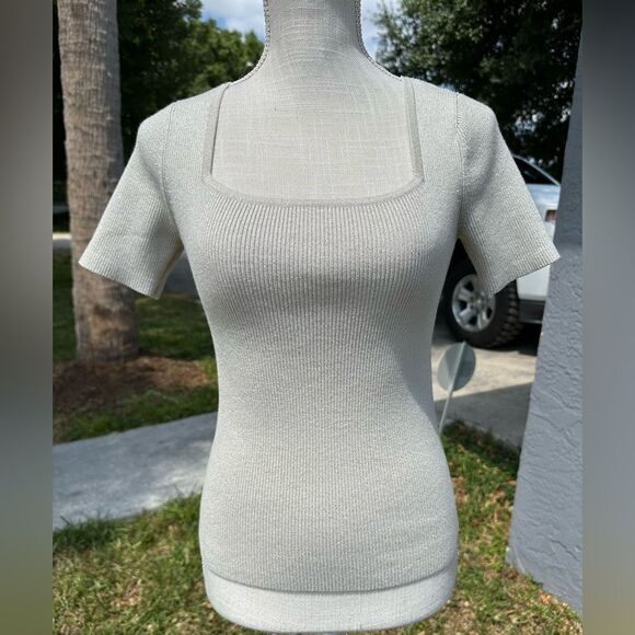 LOFT Beige & Gold Glitter Square Neck Knit Dressy Top - Picture 1 of 8